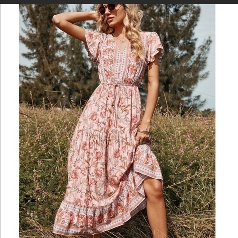 Floral Flutter Sleeve Tiered Midi Dress in Pink - Picture 1 of 5